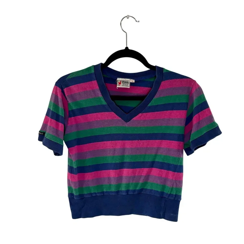 Vintage 1990s Crazy Horse Striped T-Shirt Kids L Fits Adult S Blue Pink Green